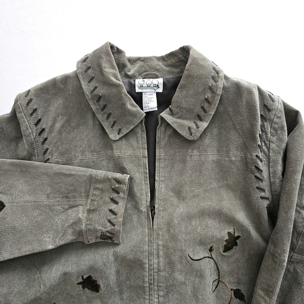 Quacker Factory Leather Jacket Womens Large Green Grey Pumpkin Embroidery Suede